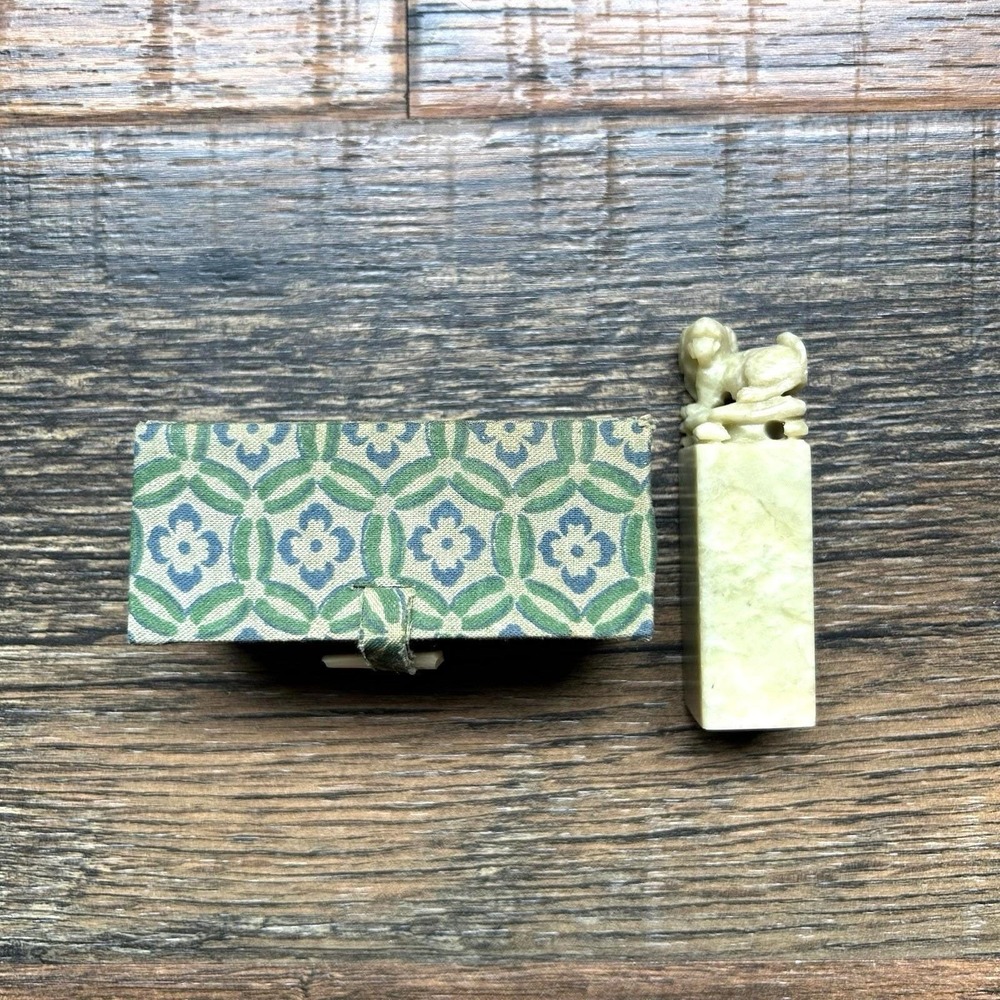 Vintage Chinese Soapstone Name Seal Chop Stamp Dog Carving w/ Brocade Box
